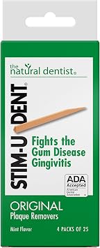 The Natural Dentist Stim-U-Dent Mint Dental Picks, Wooden Toothpicks for Food & Plaque Removal, Travel-Friendly, 4 Packs of 25 100 Picks