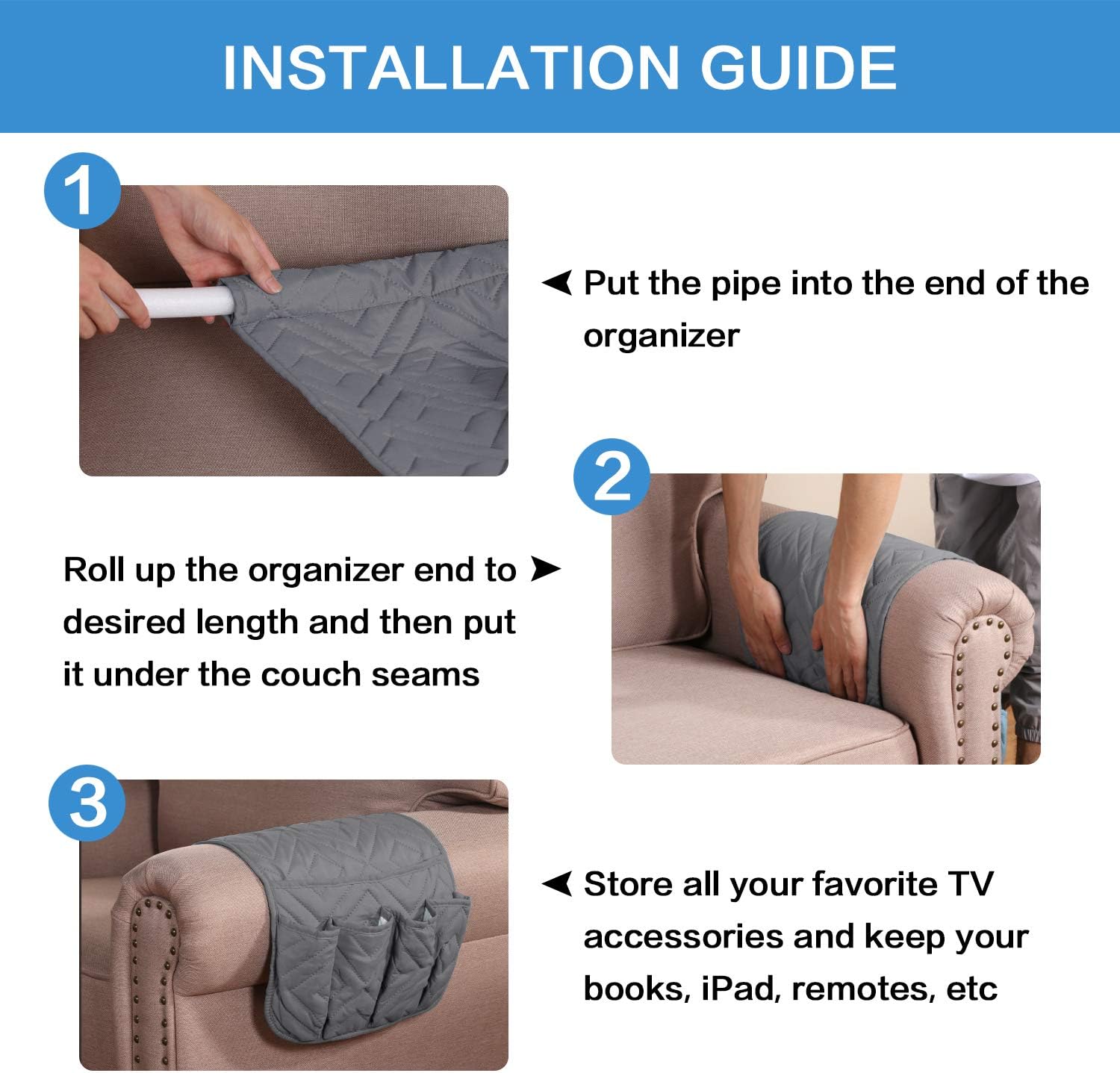 H.VERSAILTEX 5 Pockets Couch Sofa Chair Armrest Organizer for Phone Book Magazines TV Remote Control Anti-Slip Armrest Organizer, 2 Packs (Grey/Beige), Diamond Pattern - 13" x 35"