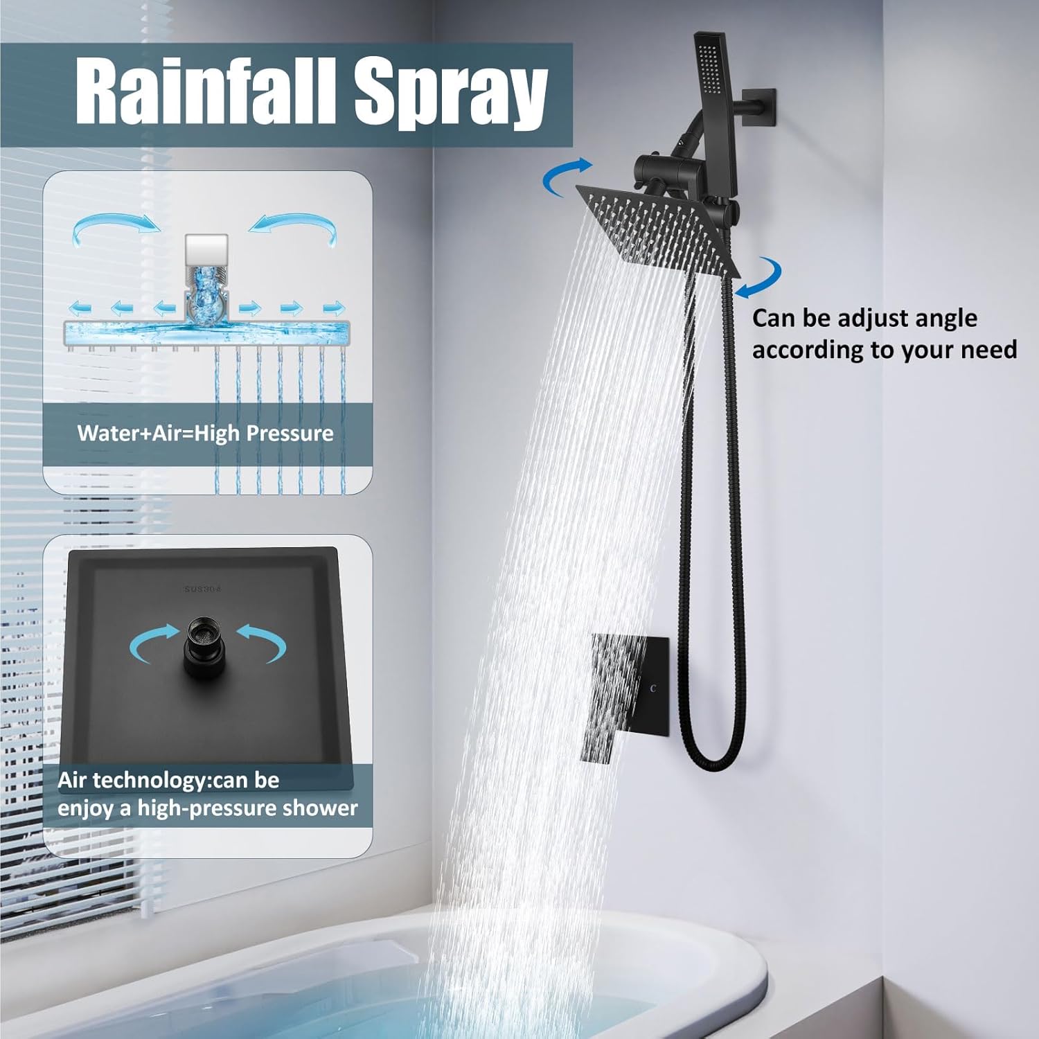 Aolemi Shower Head and Handle Set with Handheld Spray Bathroom Shower Faucet Set 6 Inch Rainfall Shower Head System Wall Mount with Rough-in Valve and Shower Trim Kit Matte Black - Image 7