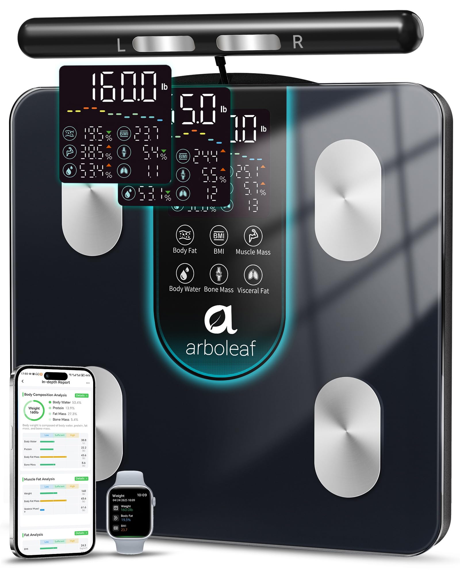 arboleaf Bilancia Impedenziometrica Intelligente, 50 Metriche, 180 kg, Nero | Bilancia Pesapersone Digitale, Bluetooth e APP, Ampio Display, BIA a 8 Elettrodi, Analisi Corporea per BMI,Muscoli e Grassa