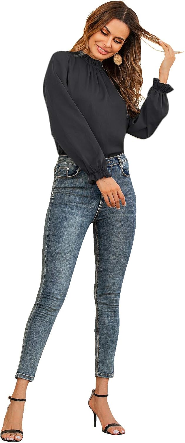 LYANER Women's Frill Mock Neck Flounce Long Sleeve Solid Blouse Office Shirt Top - Image 5