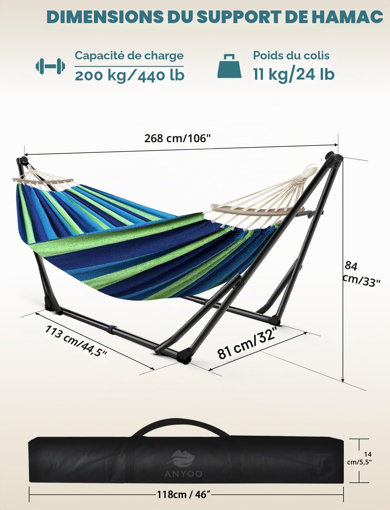 ANYOO Hamac avec Support Pliable Portable Double Usage Intérieur Extérieur