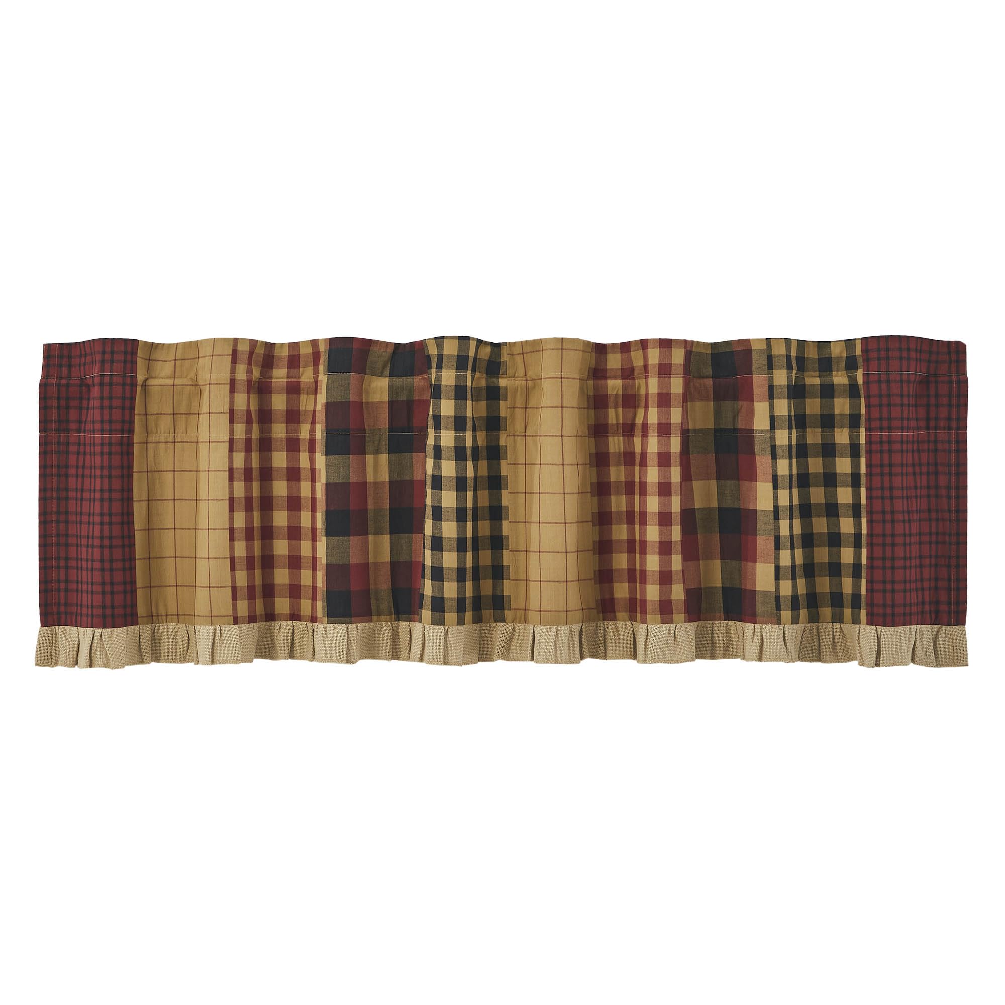VHC BrandsRustic Farmhouse Curtains Connell 18x72 Valance Window Topper for Bathroom Dining Room, Tan Burgundy Plaid, 72 Inches Wide, Patchwork