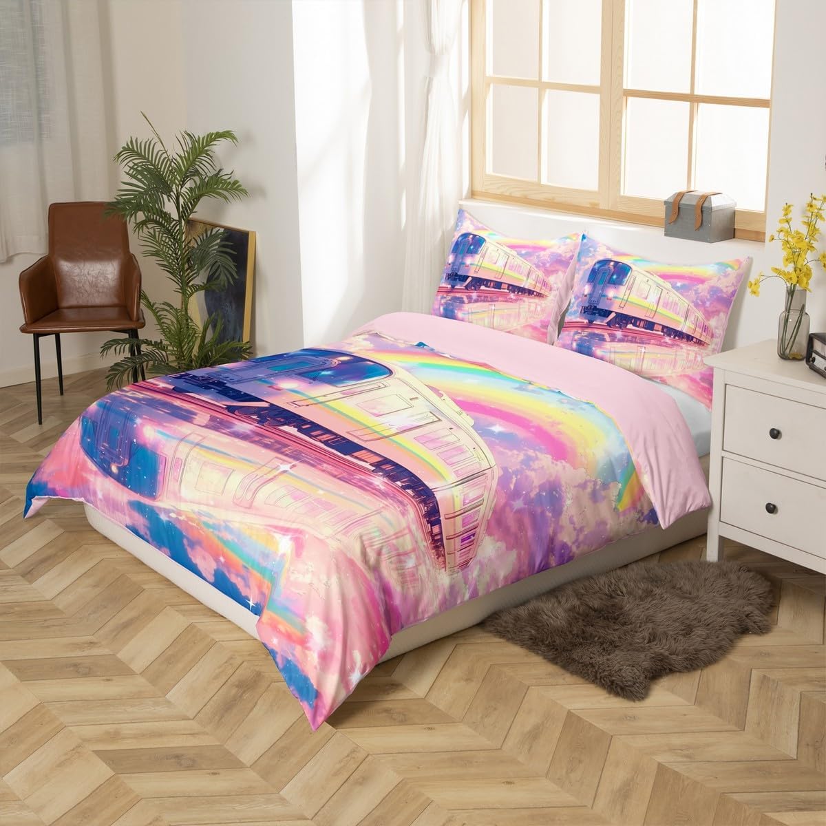 Pink Train Duvet Cover Set Toddler Size,Watercolor Cloud Sky Rainbow Bedding Set 2Pcs for Kids Girls Boys Teens Room Decor,Fantasy Train Comforter Cover Pink Blue Purple Quilt Cover,1 Pillowcase