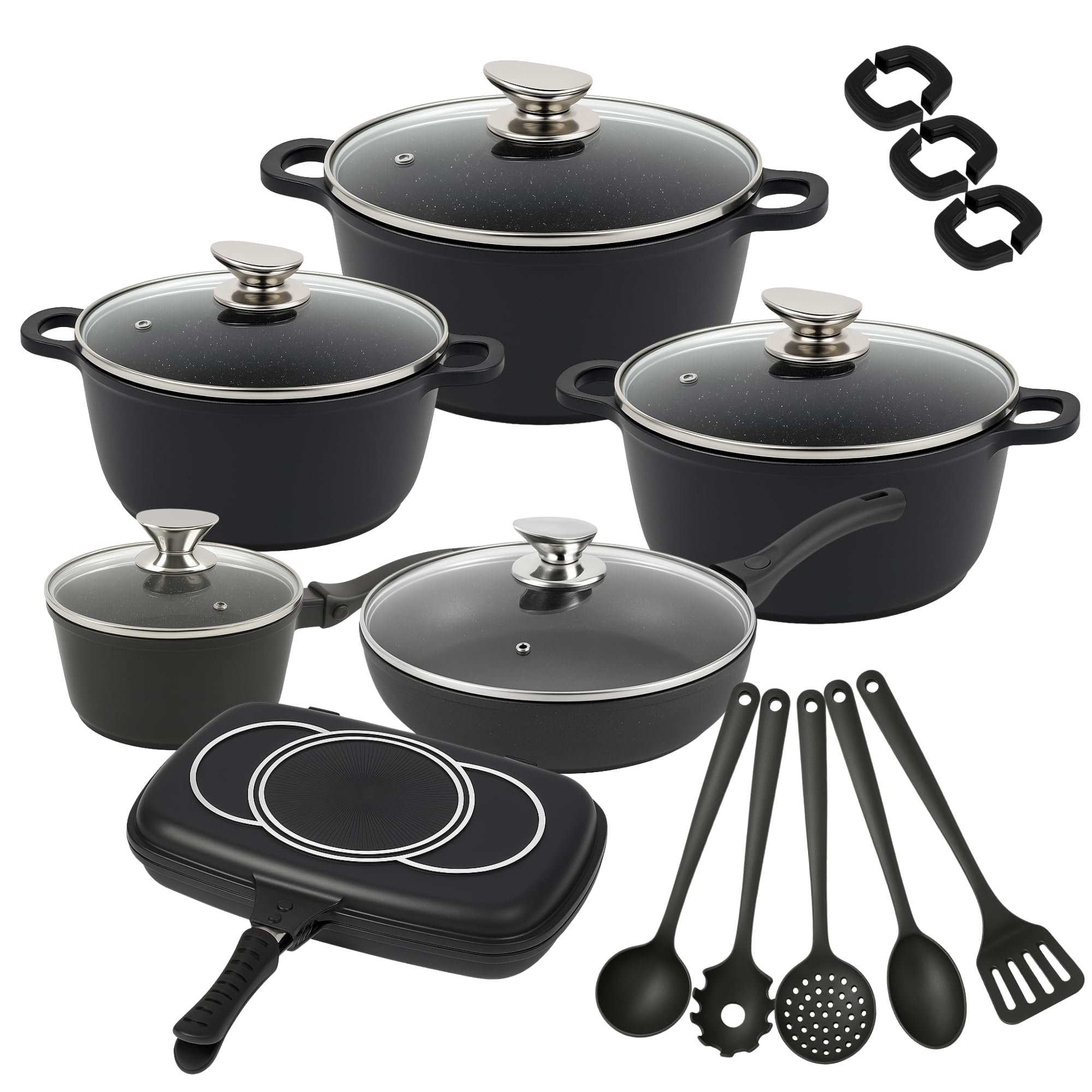 Set di Pentole 22 Pezzi Antiaderenti con Bistecchiera Batteria di Pentole e Padelle con Coperchi in Vetro, Manici Removibili, Mestoli e Accessori in Silicone Per Tutti i Piani di Cottura, Induzione