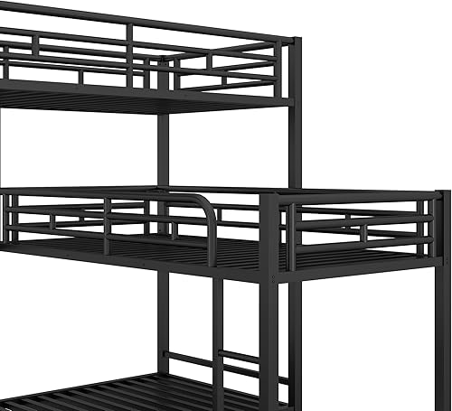 Miniatura 257 de Litera en forma de L individual sobre cama matrimonial adjunta, litera triple de metal con escritorio y tobogán integrados, marco de literas de