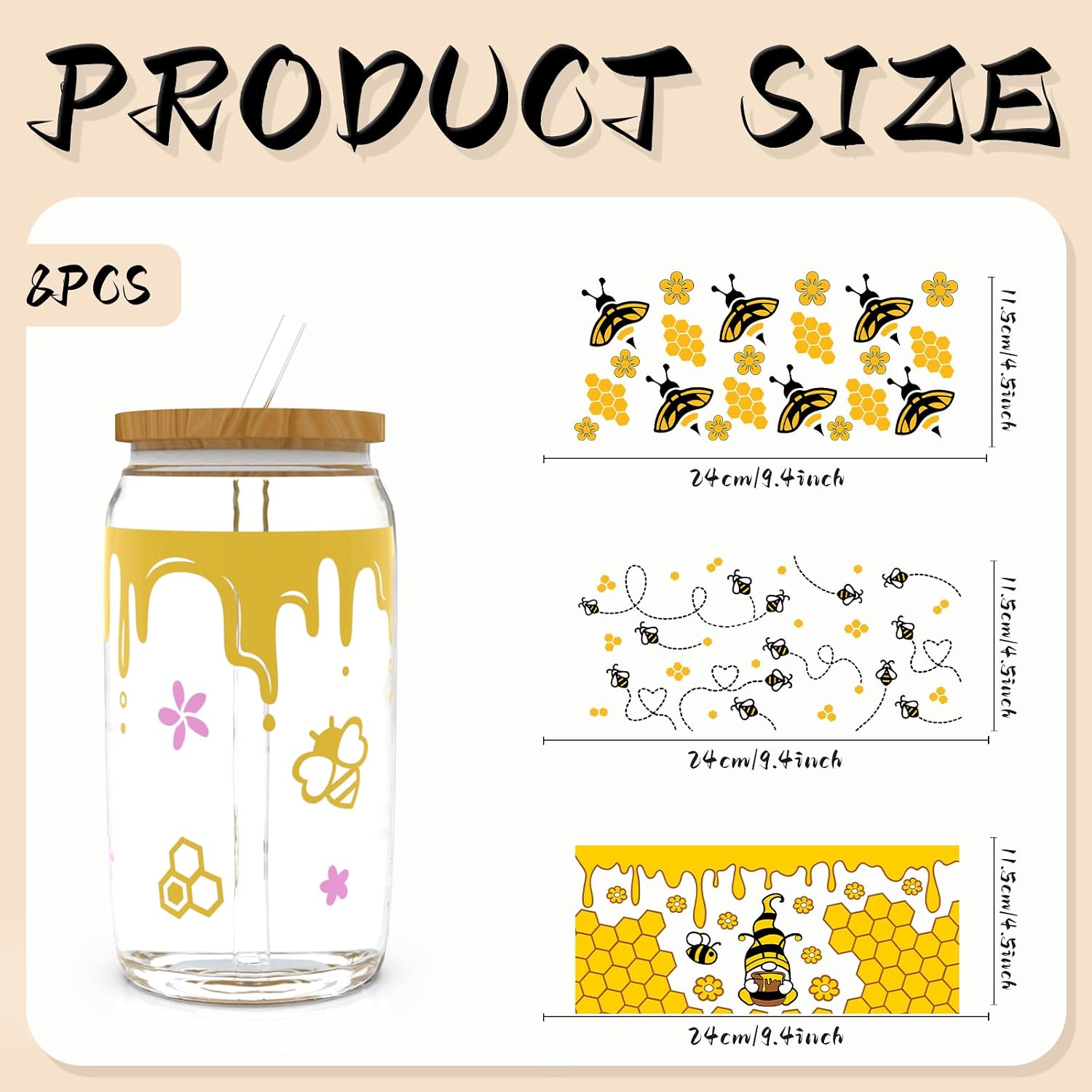 24pcs Cute Bees UV DTF Cup Wrap,UV DTF Cup Wraps for 16 oz,Glasses,Tables,Chairs,Computers,High Viscosity UV DTF Transfer Paper