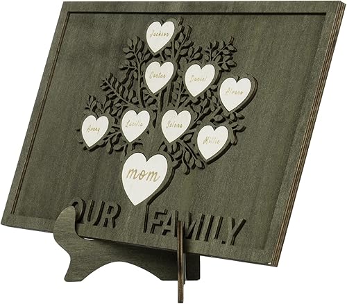 Vista 63 de Árbol genealógico con etiqueta de corazón, placas de madera grabadas personalizadas, regalos personalizados para madres, padres, escritorio, nombres