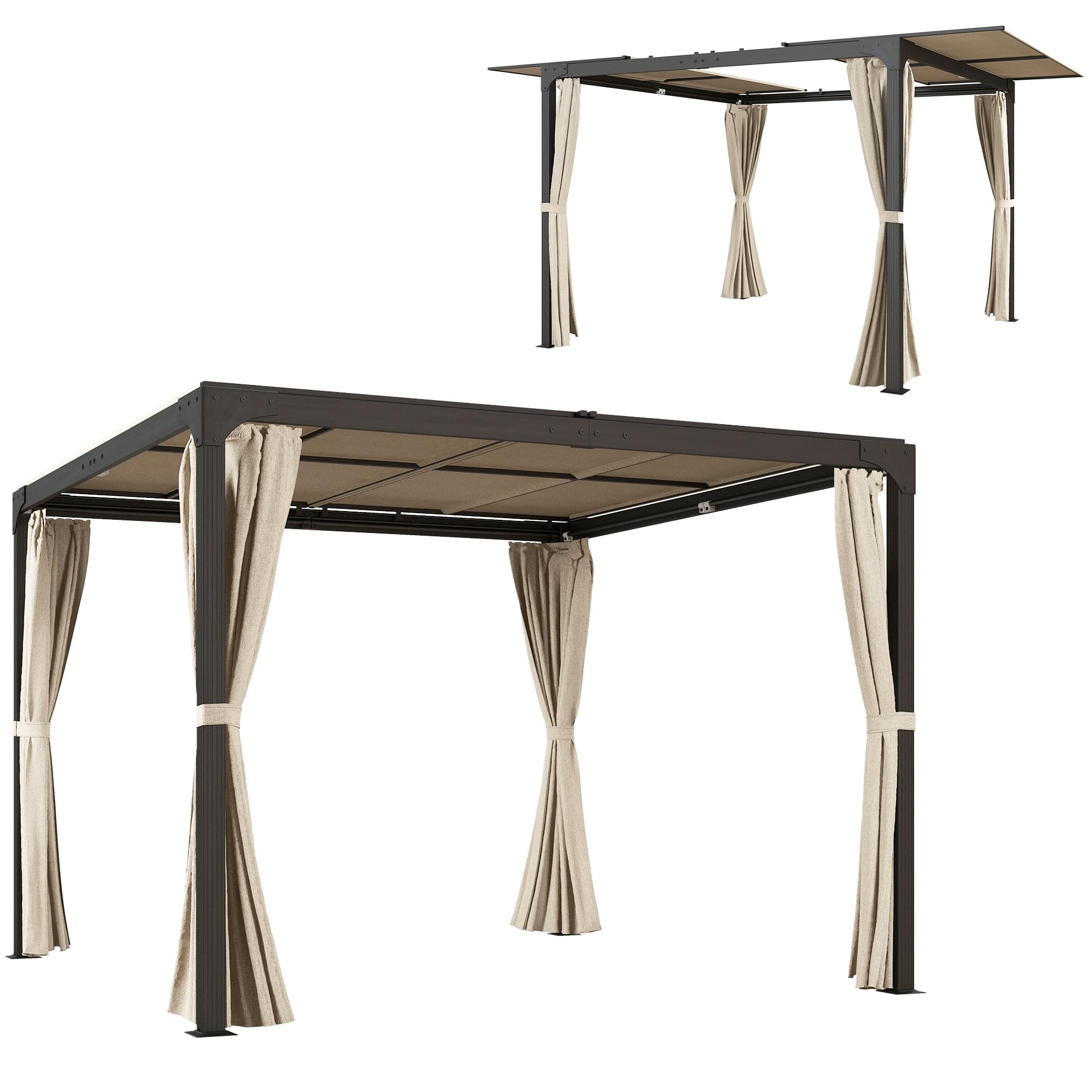 Outsunny Pérgola de Aluminio 4,2x3 m Cenador de Jardín Gazebo con Techo Corredizo 4 Paredes Laterales y Orificios de Drenaje Pabellón para Patio Terraza Beige y Negro