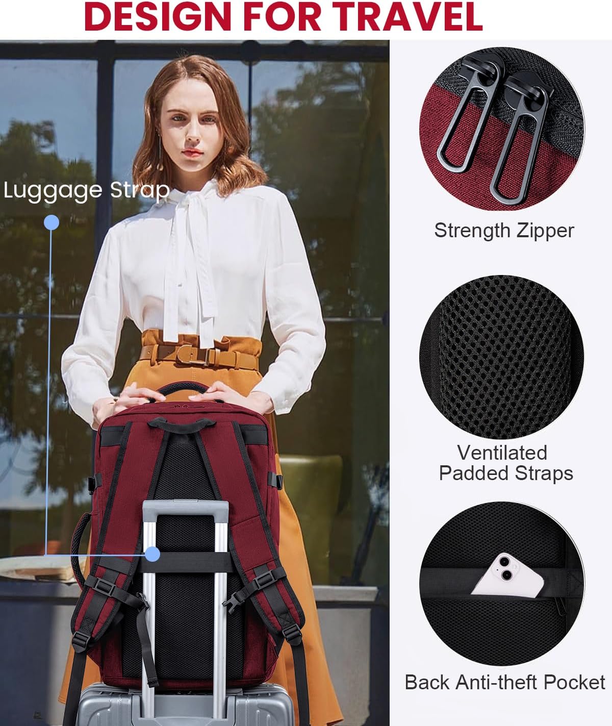 LOVEVOOK Travel Carry on Backpack, Large 40L Personal Item Travel Bag for Men & Women Flight Approved with 3 Packing Cubes, Suitcase Water Resistant Luggage Daypack Business Weekender Bag,Wine Red - Image 7