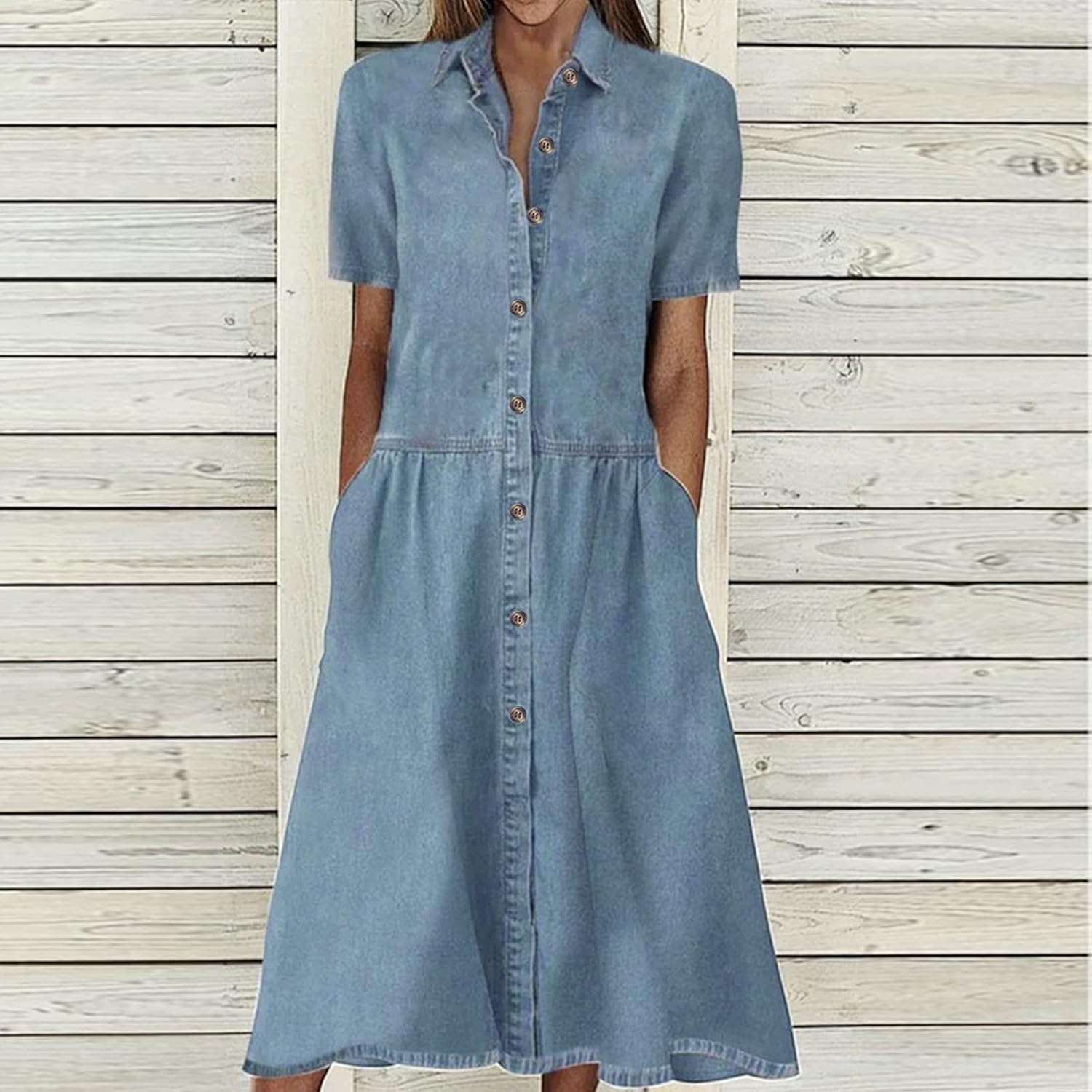 Women Denim Shirt Dresses Long Sleeve Distressed Jean Dress Button Down Casual Tunic Top Pocketed Slim Fit Midi Dress