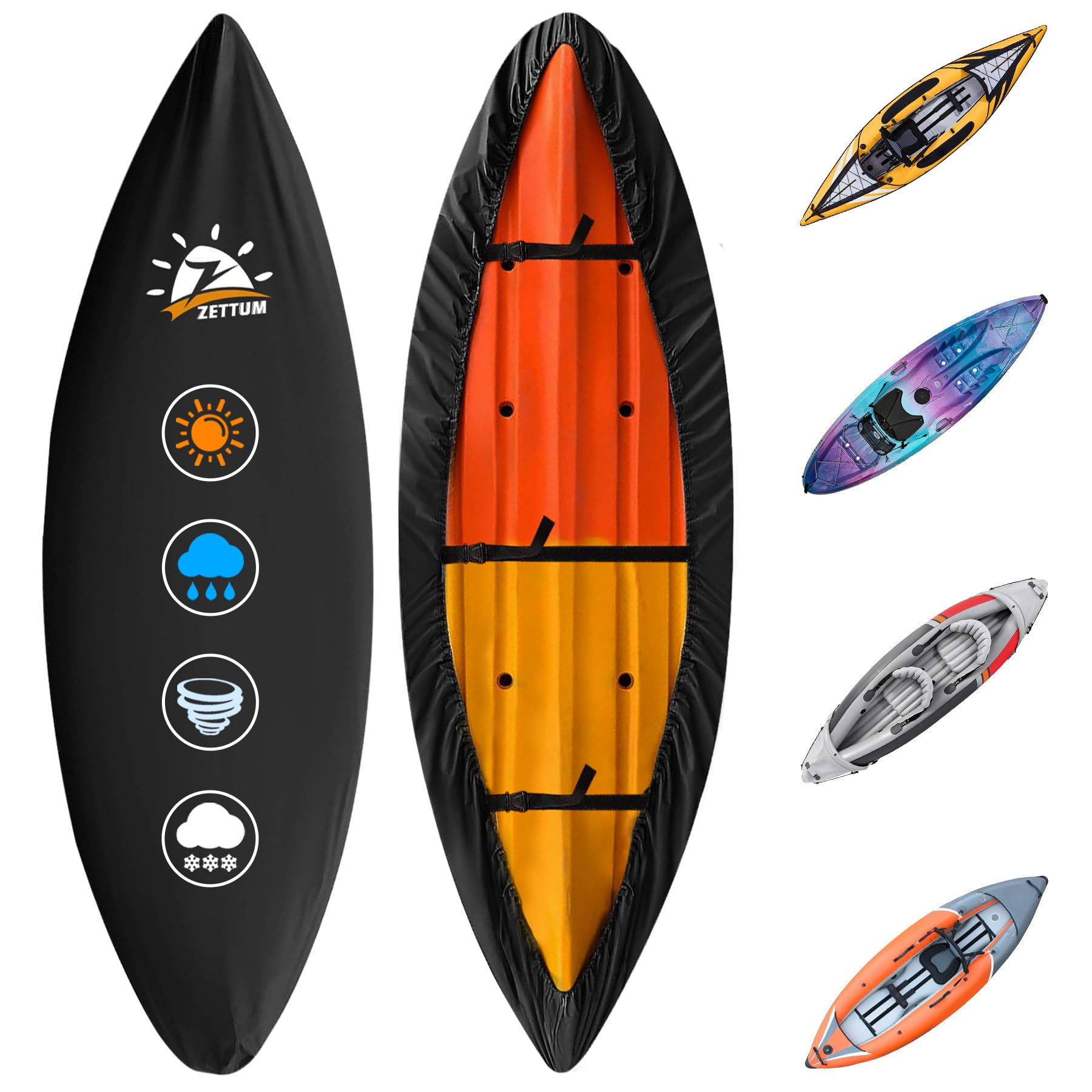 Zettum Kayak Canoe Cover - 600D Kayak Cover for Outdoor Storage Heavy Duty Waterproof, Fade-Resistant Cover for Kayak, Canoe, Paddle Board, SUP, and Fishing Boat (Fit Most Kayaks from 9ft to 14ft)