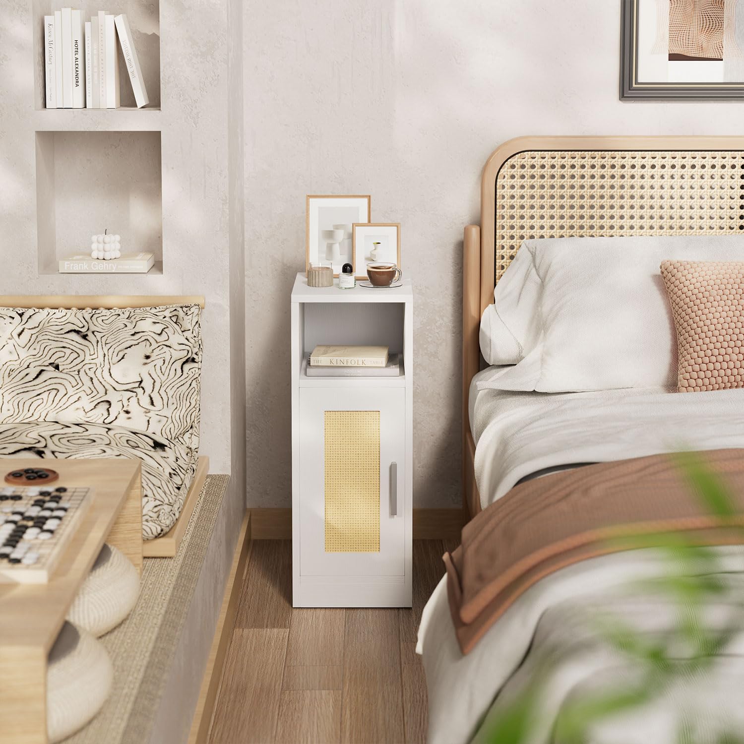 IBUYKE Mesitas de Noche Estrechas Pack 2,de Ratán,Blanco WNS012W-2 | con Compartimentos Abiertos y Armario,Puerta magnética,para Espacios Pequeños, Mesa Auxiliar para Dormitorio,Salón