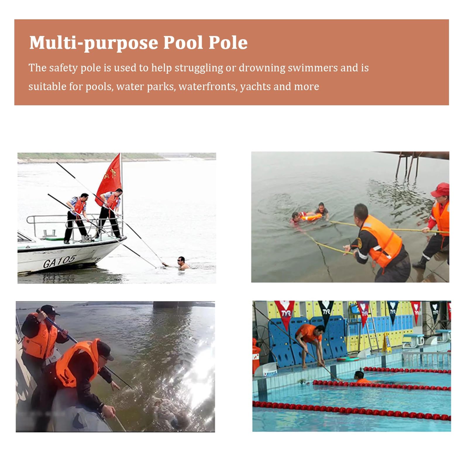 Poste telescópico para piscina con tiras reflectantes para rescate acuático y seguridad en la natación, ideal para niños y personas mayores