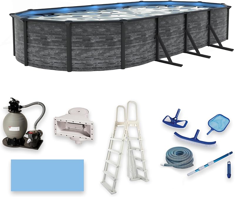 Blue Wave Marbella pileta sobre el suelo ovalada de 12 pies x 24 pies de 52 pulgadas de profundidad – Pared de acero y rieles superiores, filtro de arena, espumadera, revestimiento, escalera con estructura en A y kit de mantenimiento – Accesorios completos para piscinas al aire libre