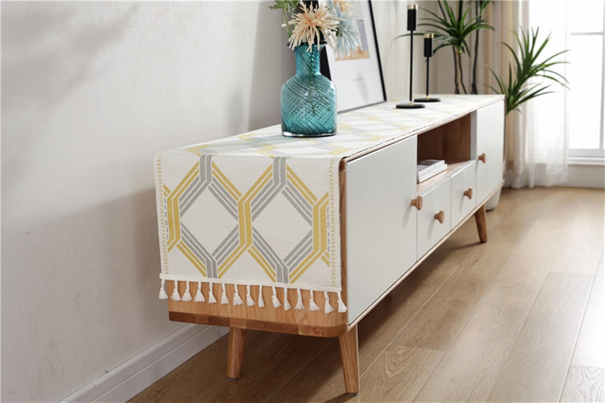 Camino de Mesa Rustico, Decoracion Mesa Comedor Moderno Geometría Amarillo Poliéster 35x250CM Navideña Fiestas Iinteriores O Al Aire Libre