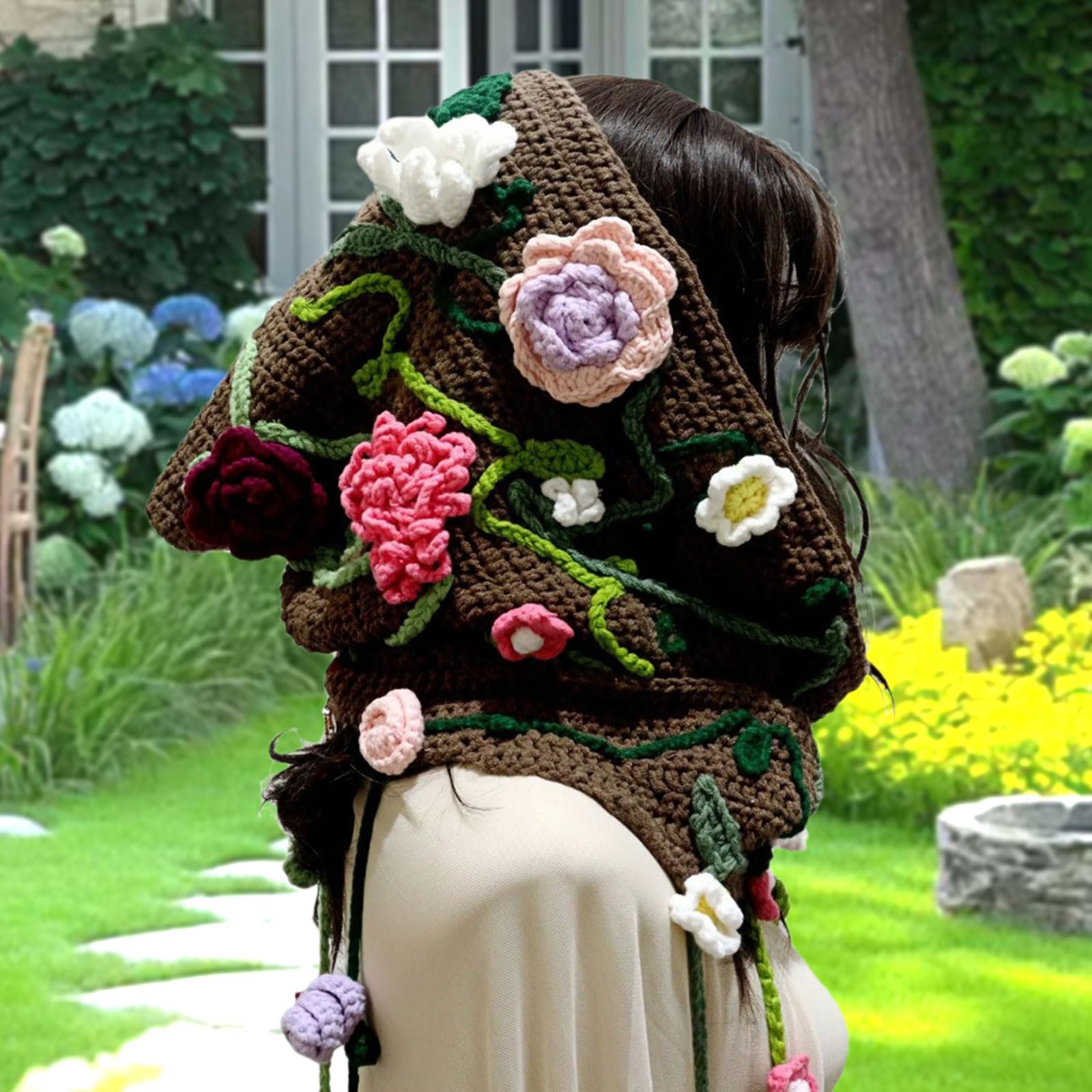 Handgefertigte, gehäkelte Cape-Mütze mit Blumenmuster, Wintermütze mit Kapuze und Quasten für Damen, ideal für Outdoor-Aktivitäten