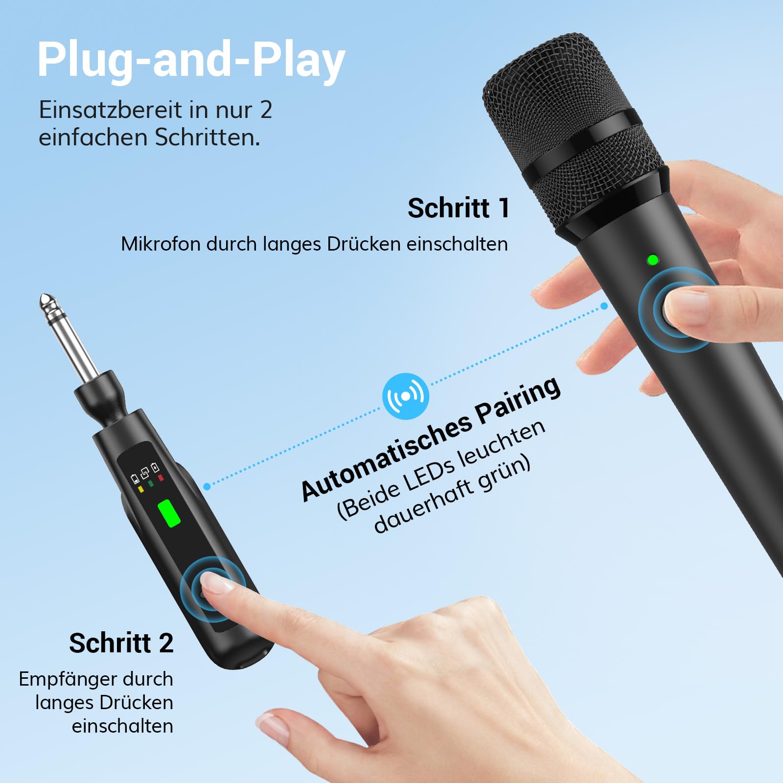 TONOR 2.4G Dual-Mikrofon Kabellos, wiederaufladbares Funkmikrofon Set mit 6,35/3,5 mm Empfänger, 15 m Reichweite Kabelloses Mikrofon für Gesang, Hauspartys, Geburtstage, TW-220