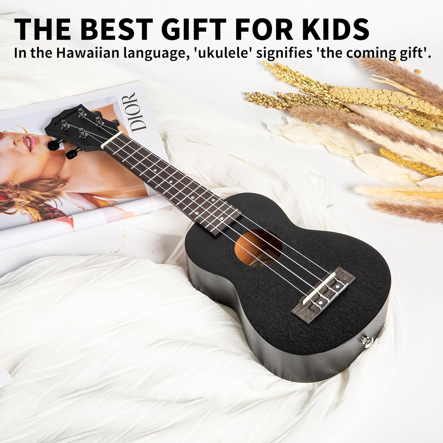 AODSK Concert Black Ukulele for Beginner 23 Inch Uke with Gig Bag Strap Nylon String 4 Picks Holiday Gift