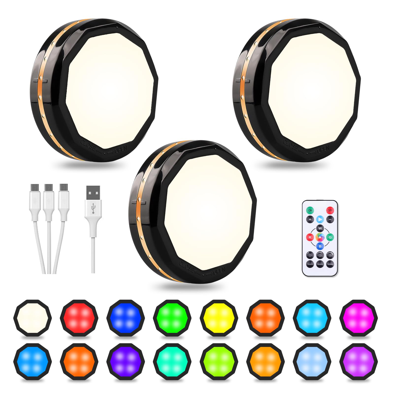 LEASTYLE Puck Lights with Remote,16 Colors Rechargeable Under Cabinet Light Magnetic Colors Changing Closet Lights Under Counter Lights for Kitchen (3 Pack)