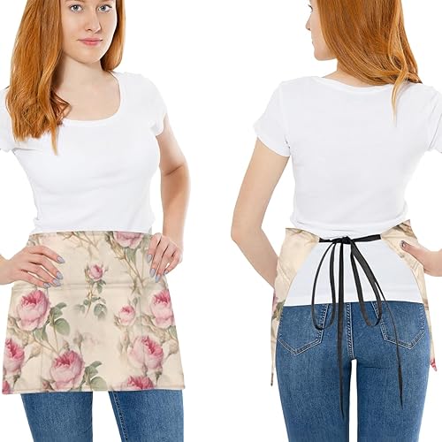 Miniatura 2 de bisibuy 3 Pocket Waist Apron, Pack of 3, Floral Fower Retro Server Short Apron for Men Women, Kitchen, Restaurant, Cafe Delantales De Mesera Para