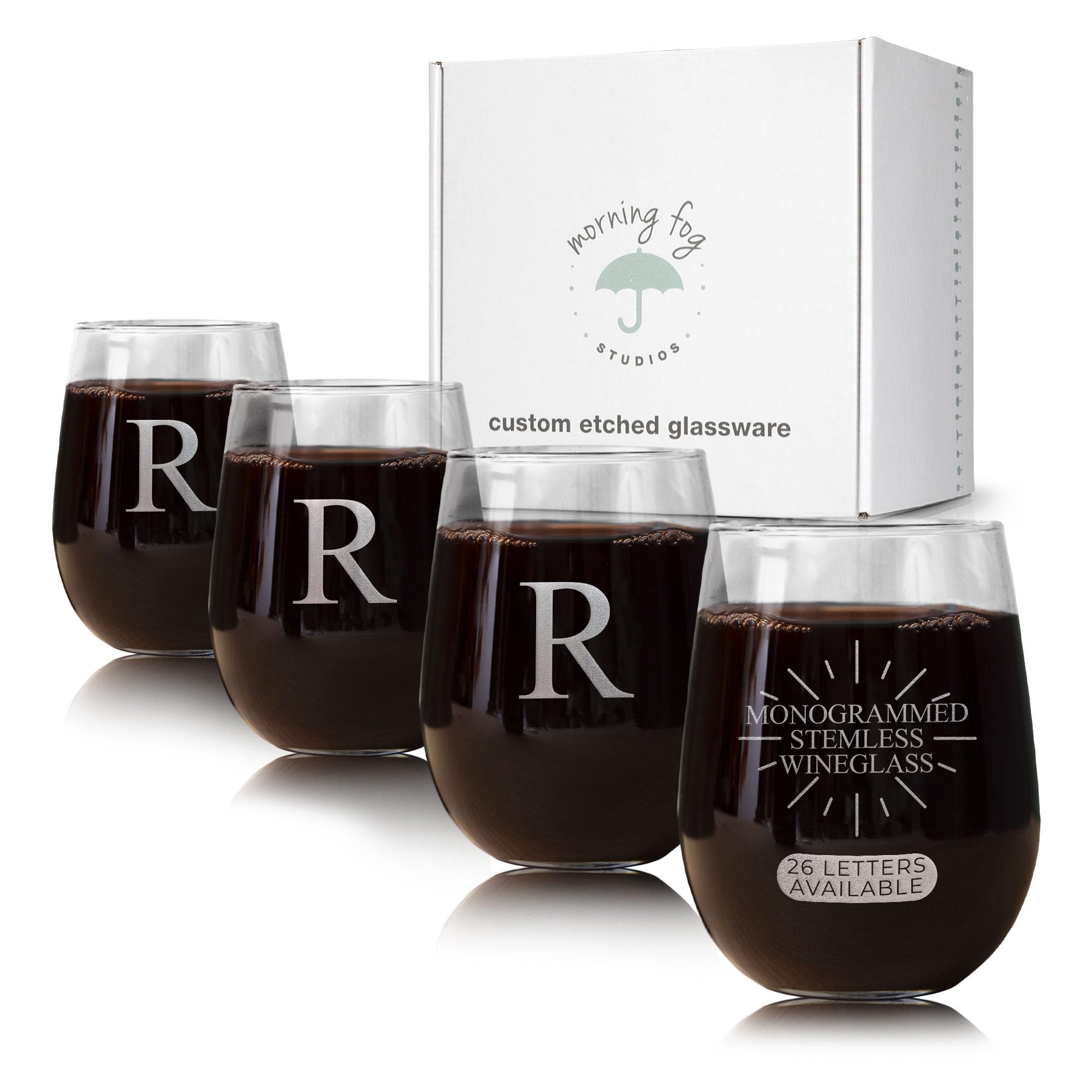 Morning Fog Studios Personalized Stemless Wine Glasses Set of 4-17oz Monogrammed Glassware for Personalized Celebration, Perfect for Weddings, Anniversaries, and Special Occasion Gifting, (R)