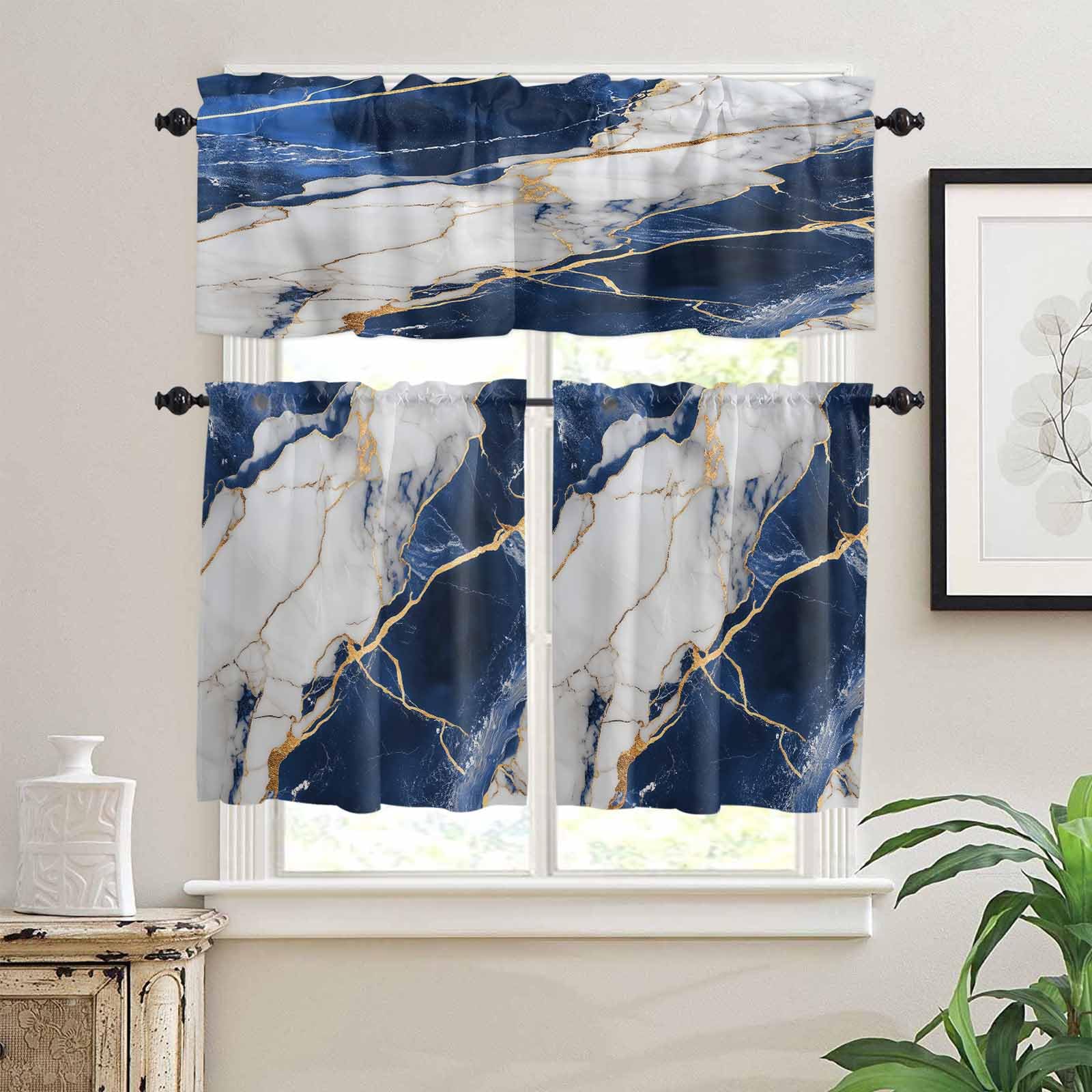 Marble Navy Blue Kitchen Curtains 36 Inch Length,3 Piece Rod Pocket Small Half Tiers and Valance Set,Abstract Gold White Brick Stone Motif Small Large Window Treatment Decor for Bedroom/Bathroom Sink