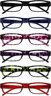 OPULIZE ACE Reading Glasses for Women Men, Lightweight Comfortable Narrow Rectangular Frame with Spring Hinges, Scratch Resistant, Black Blue Pink Purple Green Red +2.50 (Pack of 6)