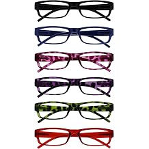 OPULIZE ACE Reading Glasses for Women Men, Lightweight Comfortable Narrow Rectangular Frame with Spring Hinges, Scratch Resistant, Black Blue Pink Purple Green Red +2.00 Pack of 6