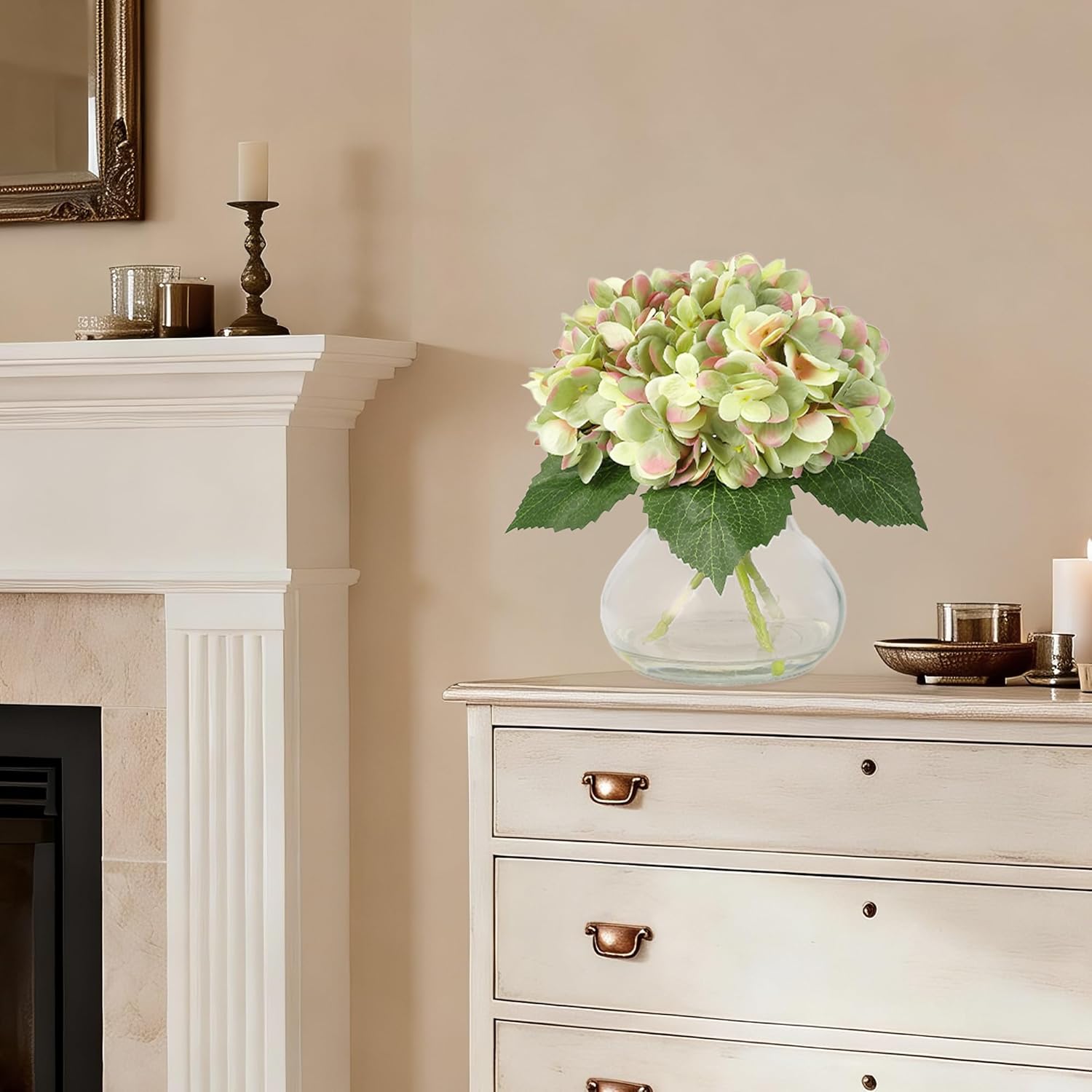 Silk Hydrangea Artificial Flowers in Vase with Faux Water, Green Fake Flower Arrangement in Glass Vase, Realistic Silk Hydrangeas Centerpiece for Wedding, Dining Table, Living Room, Home Decor - Image 9