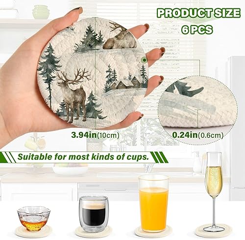 Miniatura 3 de White Deer Drink Cotton Coasters 4 Inch Holder Set of 6 Absorbent Coasters for Desk Homedecor Items Coffee Table Decor