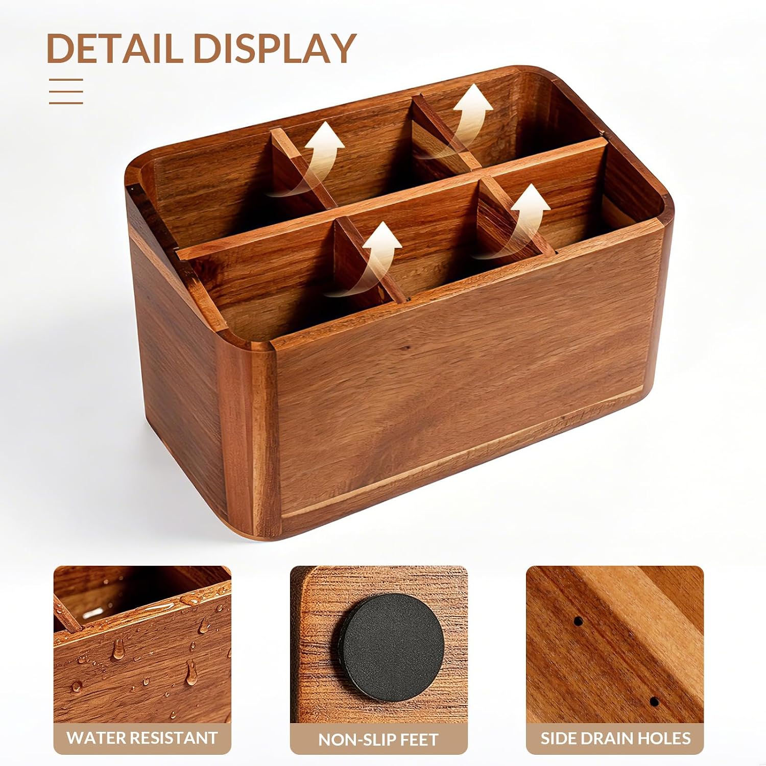 Wooden Kitchen Utensil Holder Organizer for Counter or Countertop, Large Wooden Utensil Holder for Storage Cooking and Silverware with 6 Compartment, Acacia Rustic Wood Container Extra Large
