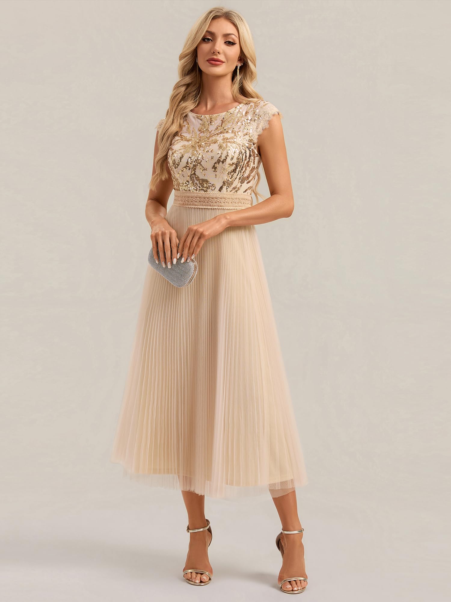 Ever-Pretty Robes d'invité de Mariage Col Ronde Manches Courtes Paillette Midi EG02769