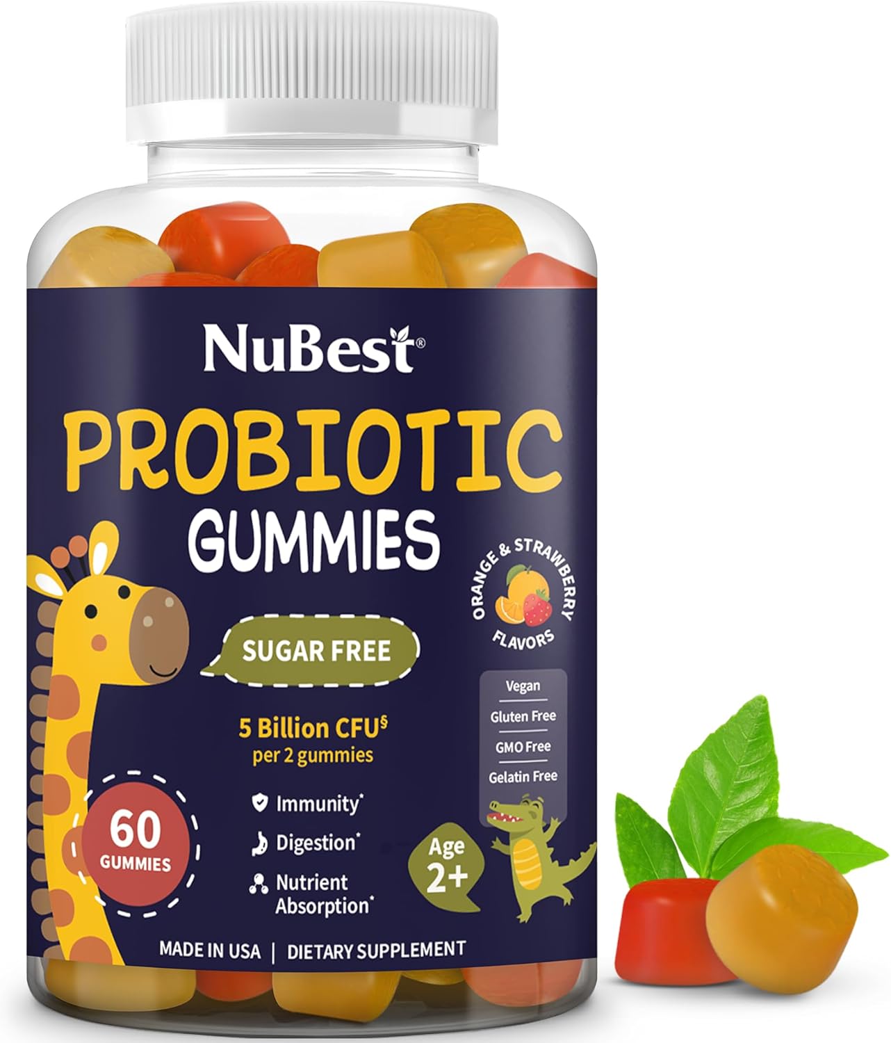 NuBest Probiotics Gummies for Digestive, Gut Health & Immunity with 5 Billion CFUs | No Added Sugar | Yummy Strawberry & Orange Flavors | 60 Premium Vegan Gummies for Kids & Teens
