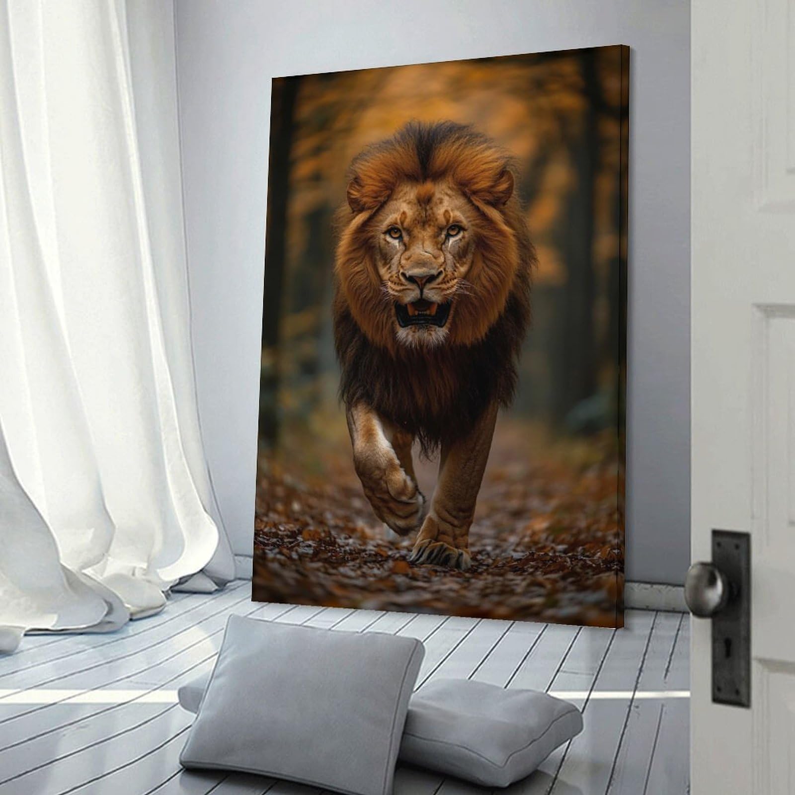 Junmoney Majestic Lion Walking Through Autumn Forest Canvas Wall Picture, 16x24inch(40x60cm), for Wall Displays, Bedrooms Or Room Updates, Wall Decor Suited to Curated Displays