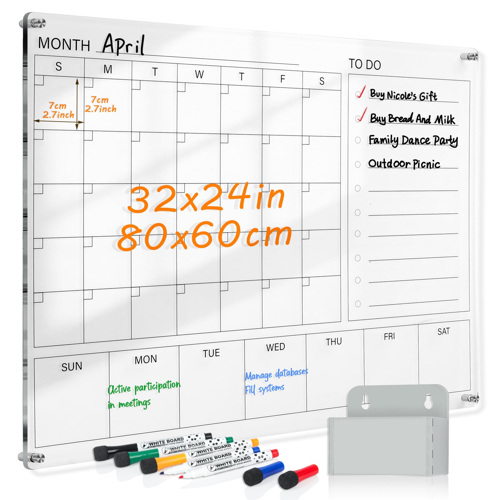 MAKELLO Whiteboard Calendar for Wall, Acrylic Weekly and Monthly Planner for Office, School, Home, Bedroom, Kitchen, 4 Pens, Pen Holder, Wall Mounted Screws, 80x60cm — image 1