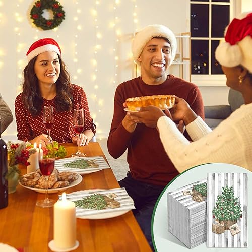 Miniatura 6 de Jetec 200 Piezas Servilletas de Navidad Árbol de Navidad Servilletas Desechables para Invitados Servilletas de Papel Rayas de Invierno Toallas de