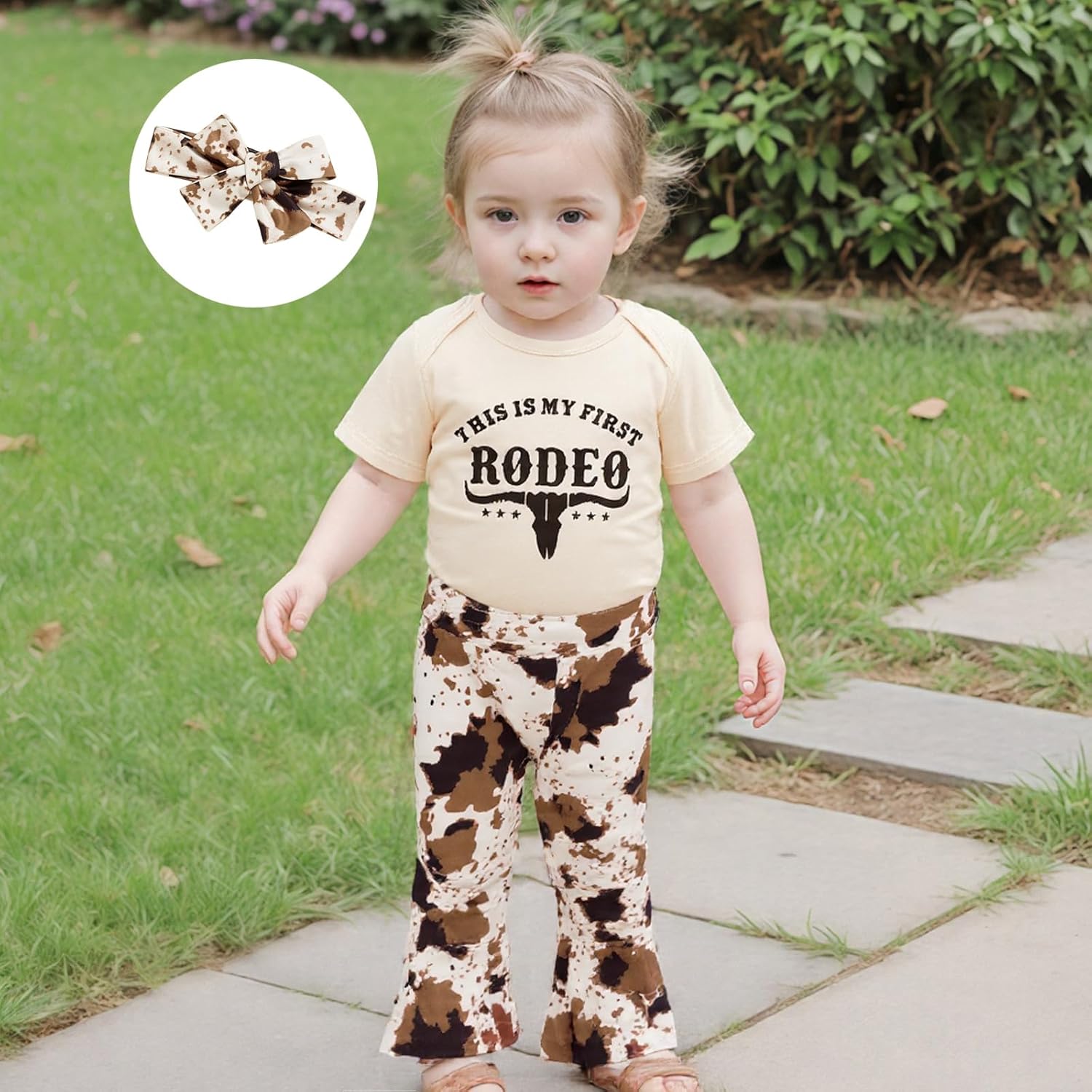 Newborn Baby Girl Western Outfits My First Rodeo Romper Cow Print Flared Pants Set Cowgirl Country Clothes - Image 5