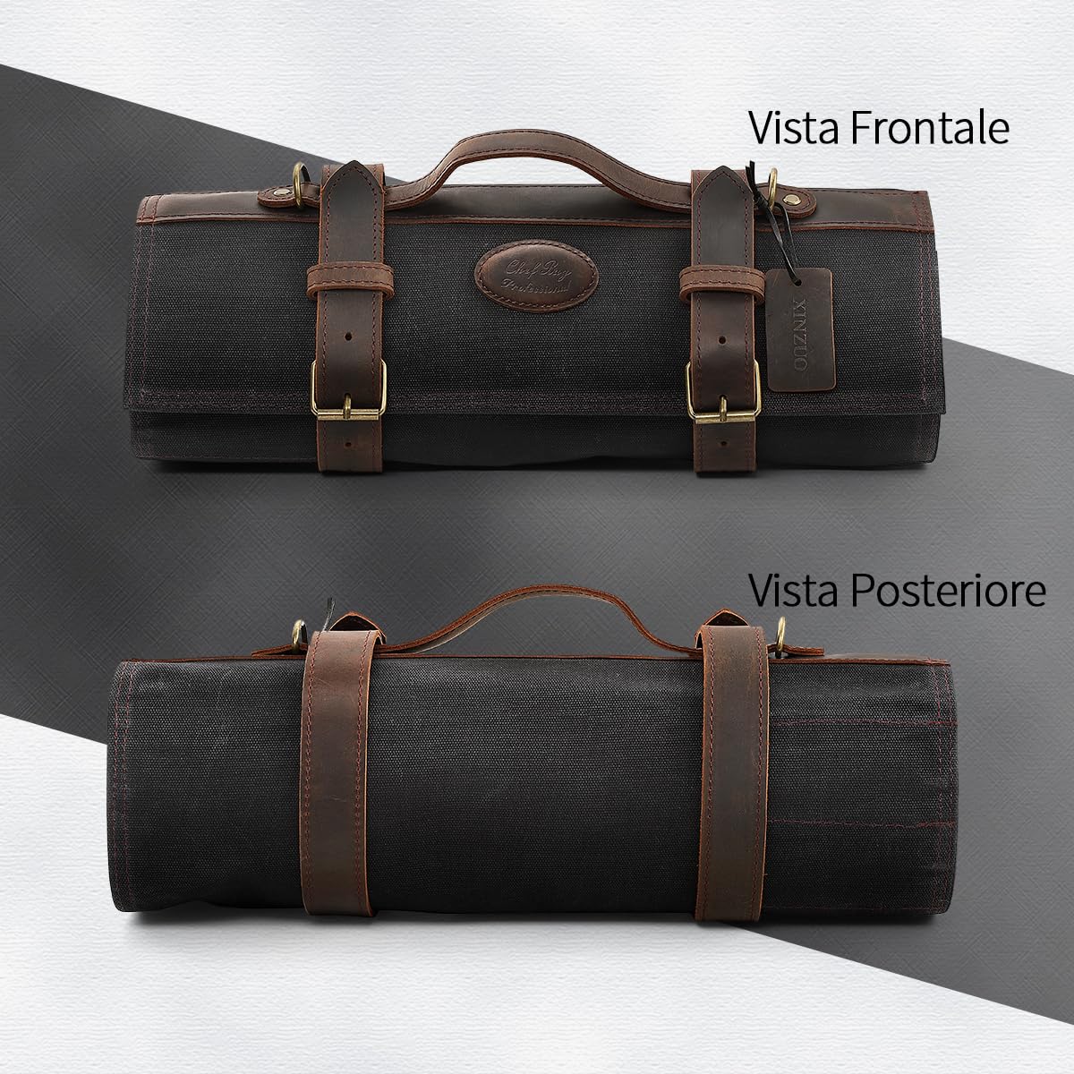 XINZUO Borsa a Rotolo per Coltelli Nera,Bcustodia per Coltelli da Chef,12 Scomparti per Contenere Gli Strumenti da Cucina,Tela Cerata da 16oz e Pelle,Borsa Porta di Utensili di Cucina (Solo Borsa)