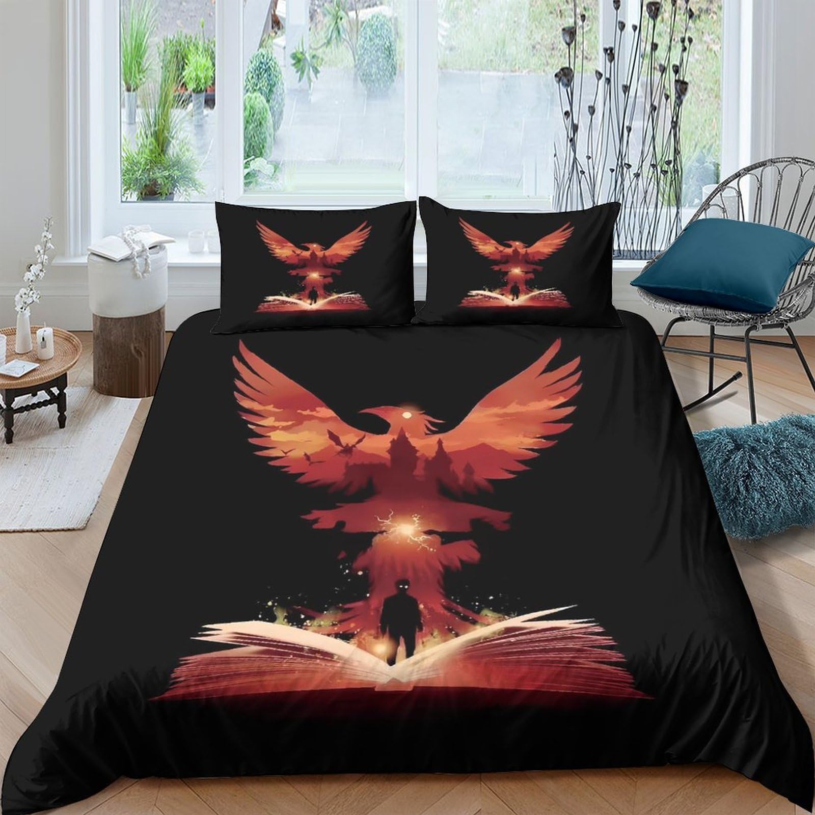 Ctjqhvkz Style-10 3D Printed Phoenix Flame Fitted Sheet Microfiber Soft Black Fire Bird Bed Cover For Bedroom Dorm Decor Protection Single（135X200cm）