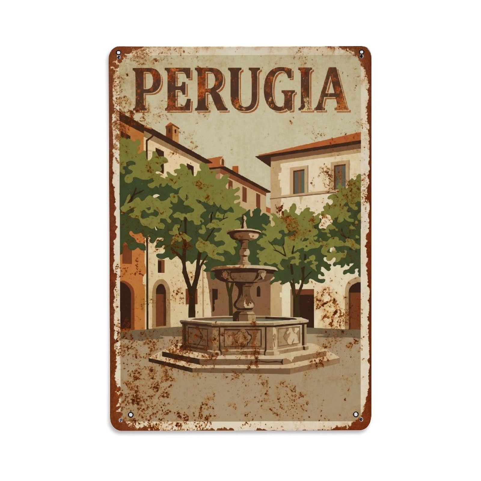 Vintage Travel Perugia Piazza Birago Italy Metal Tin Sign Plaque Wall Decor for Cafe, Club Bar, Office, Home Garden Metal Poster 8x12Inch