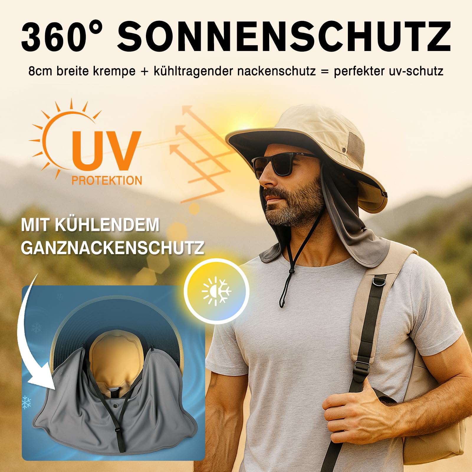 Top-EX XL/XXL Mens Wide Brim Sun Hat with Sunglass Lock UPF 50 Summer Hats with Neck Flap Waterproof Outdoor Fishing Safari Hat Packable