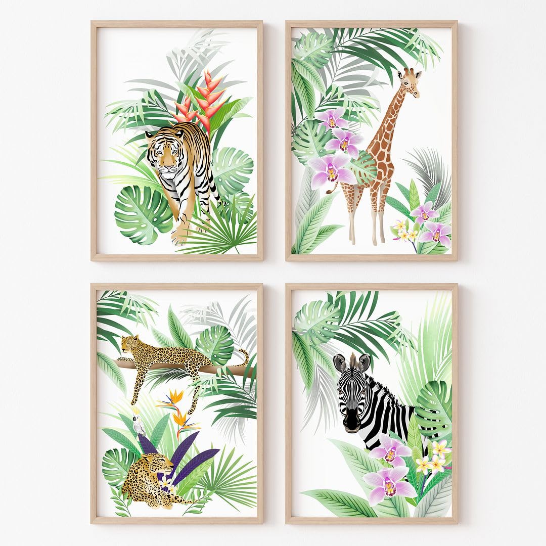 Rubybloom Designs Set Of 4 Leopard Giraffe Zebra & Tiger Safari Jungle Animal - A4 (21Cm X 29.7Cm) Unframed - Tropical Plant Illustration Wall Art Decor