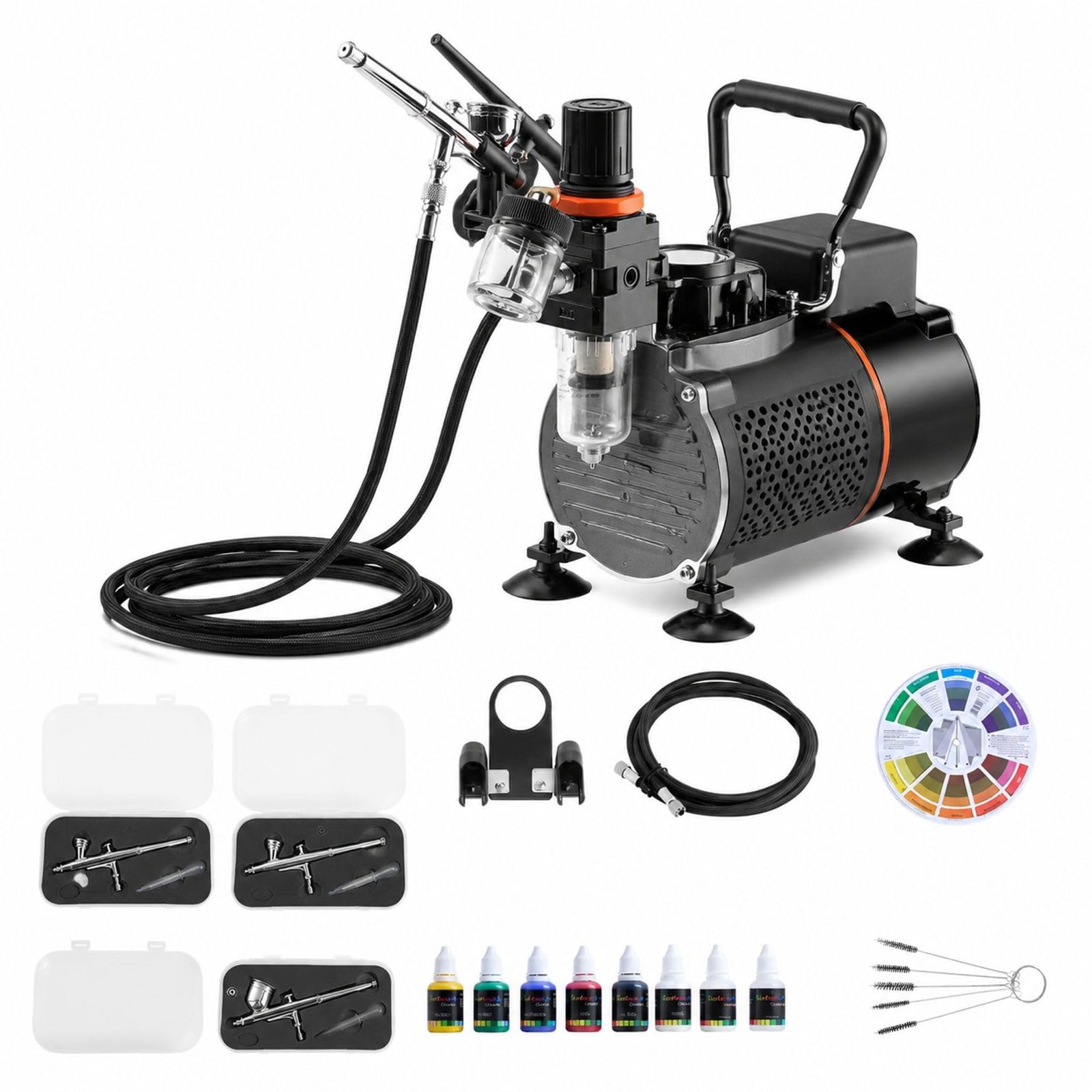 Airbrush Set mit Luftkompressor, 3 Double Action Airbrushpistolen, 3 Düsen, Schlauch, Acrylfarbe und 2 Ventilatoren für Tortendekoration, Modellbemalung und Nagelkunst