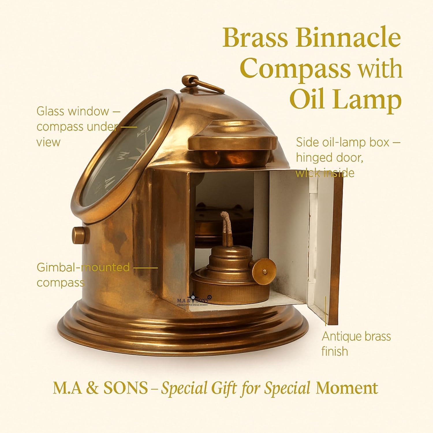 M.A & SONS Vintage Marine Binnacle Brass Compass with Oil Lamp (Antique Finish) – Gimbal-Mounted, Glass Viewing Window, Desk/Nautical Décor – 8.8 in H x 7.25 in L x 6.75 in W