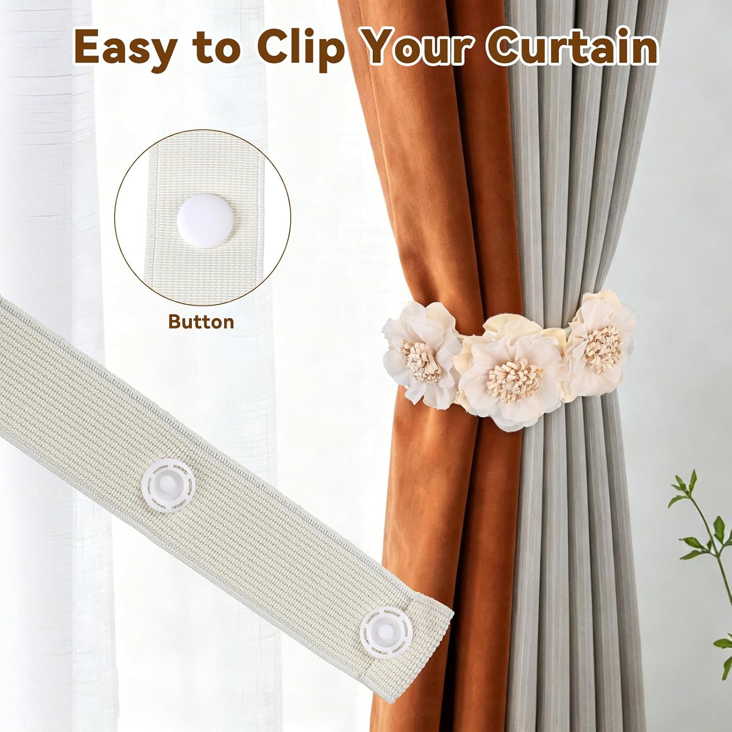 Curtain Tiebacks | Magnetic Wood Bead Curtain | Sunflower Curtain Tieback Boho | Simple Elegant DIY Curtain Holdbacks | Accessories Wall Decoration for Home Office (2, Artificial Flower) image 3