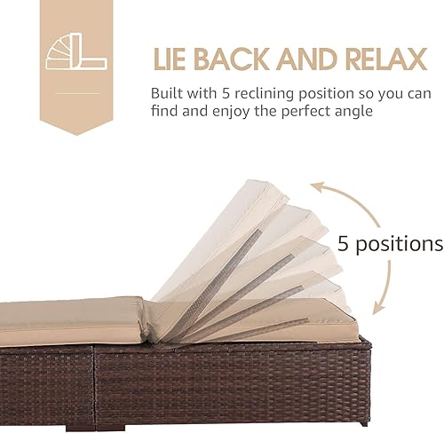 Miniatura 3 de JOIVI Tumbona para exteriores, sillas de mimbre para patio, piscina, tumbona reclinable de ratán con respaldo ajustable y cojín extraíble (gris