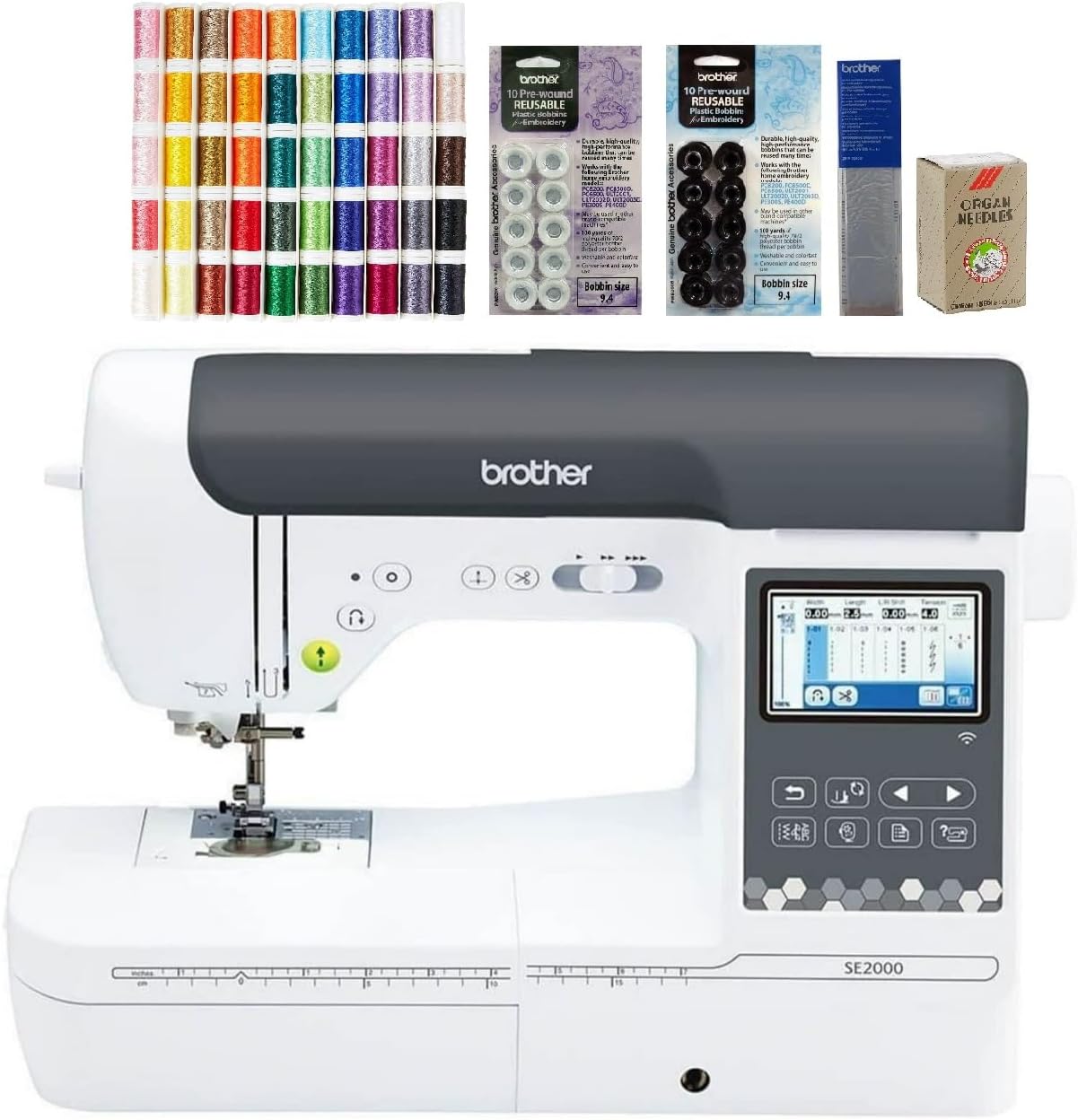 Brother SE2000 Computerized Sewing and Embroidery Machine (SE2000 + Designio 50ct Thread) 50-Piece Designio Thread Set, 20 Bobbins, 100-Piece 75/11 Embroidery Needles, Stabilizer Roll