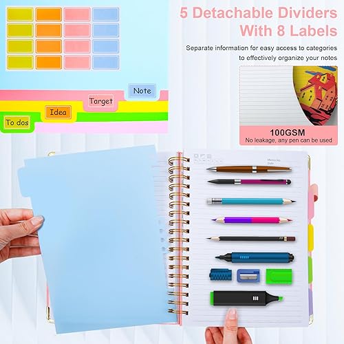 Miniatura 5 de Cuaderno de espiral con tapa dura, de 8 x 10 pulgadas, separadores y divisores extraíbles, 300 páginas, 5 asignaturas, a rayas, de piel sintética,