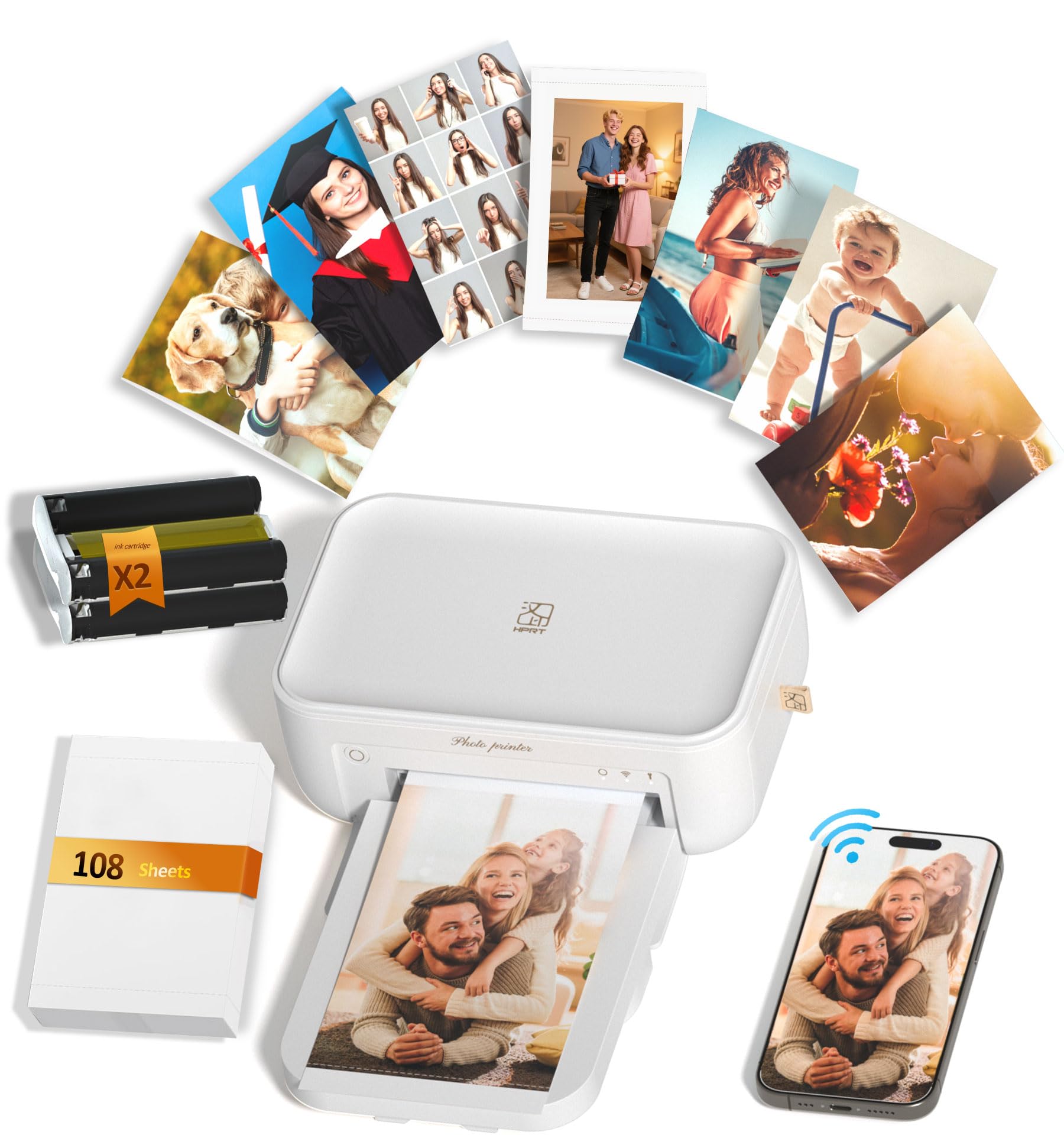 CP4100 4x6 Photo Printer with 108 Sheets & 2 Ribbons, Full-Color Thermal Dye Sublimation Wi-Fi Printing, Portable Instant Picture Printer for iPhone/Android, AR Video, Fun App, Home Use, White